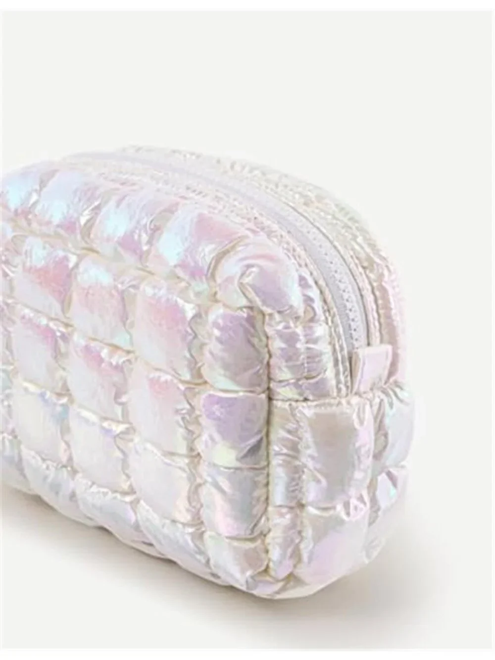 Quilted Makeup Bag, Puffy Cosmetic Bag Iridescent White Travel